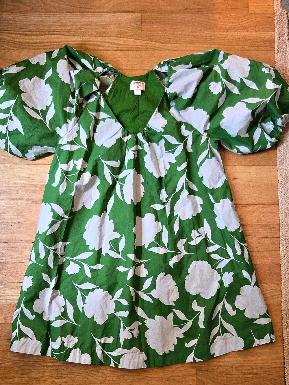 Kate Spade New York Kelly Green Cotton Floral Puff Sleeve Dress - Size S